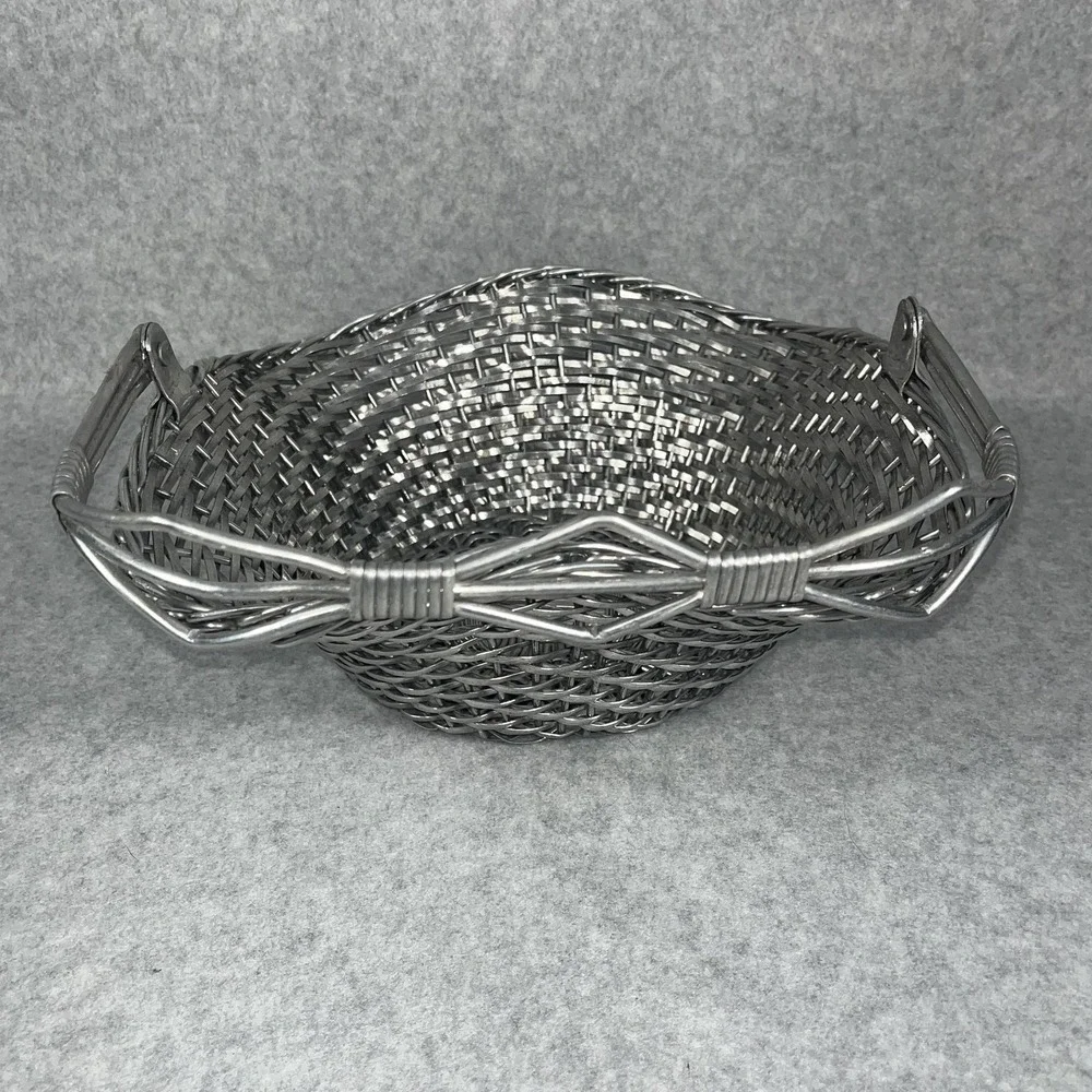VTG‎ Silver Tone Metal Woven Wire Basket With Fold Down Handle Decor Centerpiece